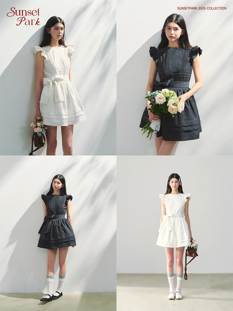 Butterfly-Sleeve Pleated Dress With Bow Waist