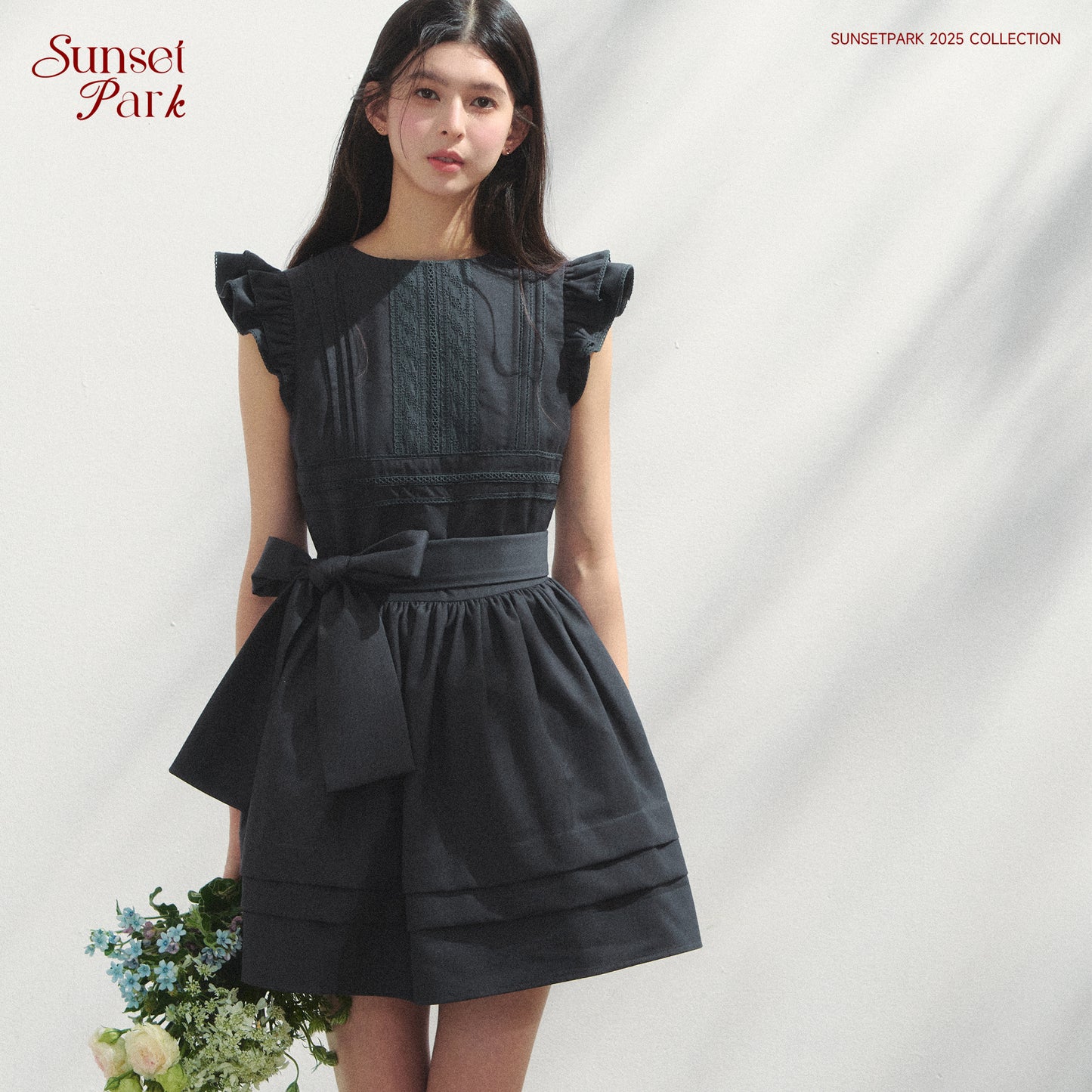 Butterfly-Sleeve Pleated Dress With Bow Waist
