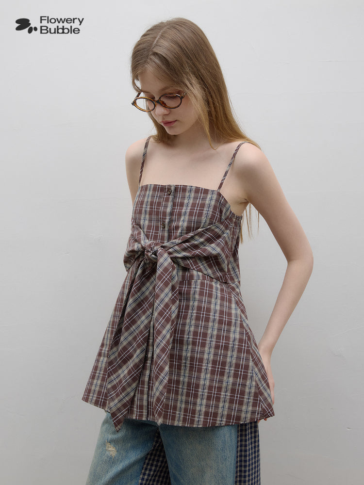 Plaid Shirt Camisole Top With Tie Accent
