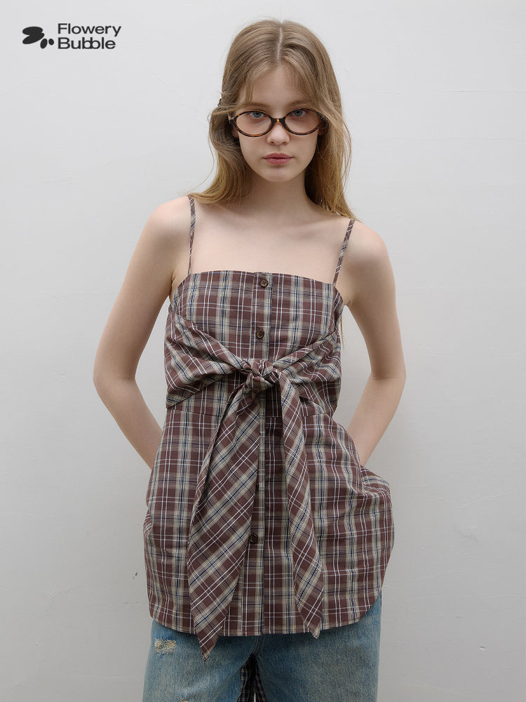 Plaid Shirt Camisole Top With Tie Accent