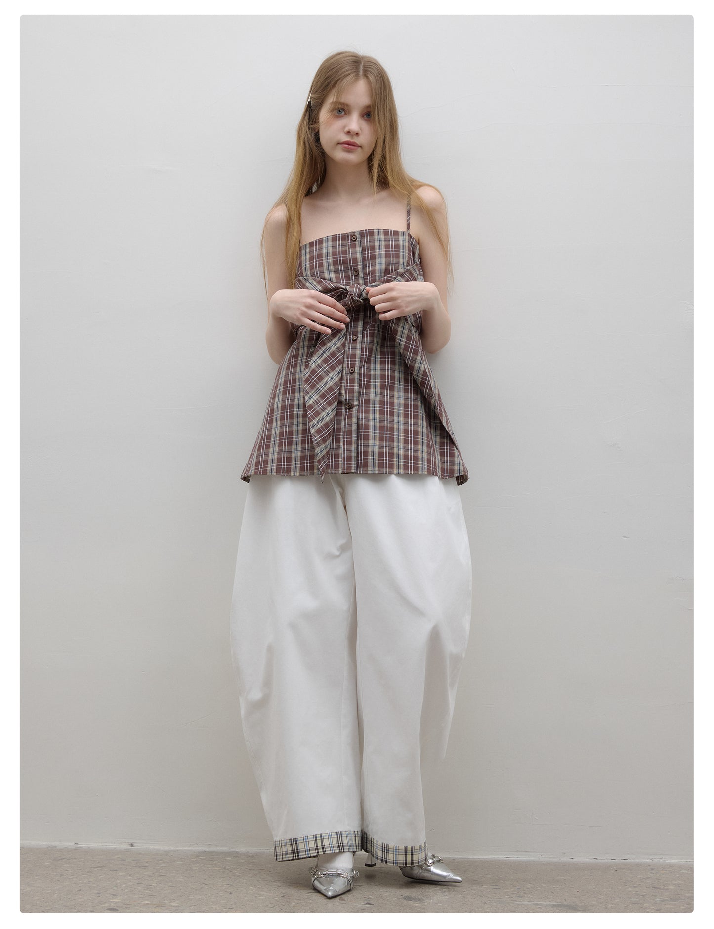 Plaid Shirt Camisole Top With Tie Accent