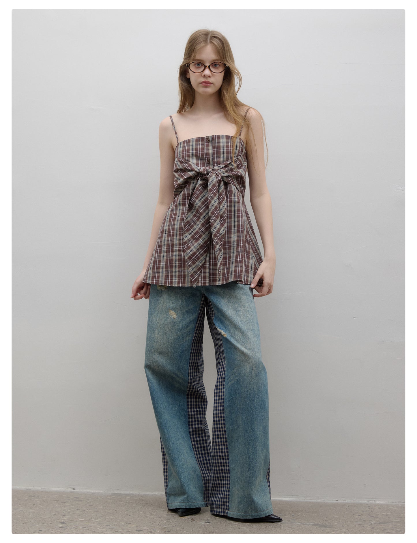 Plaid Shirt Camisole Top With Tie Accent