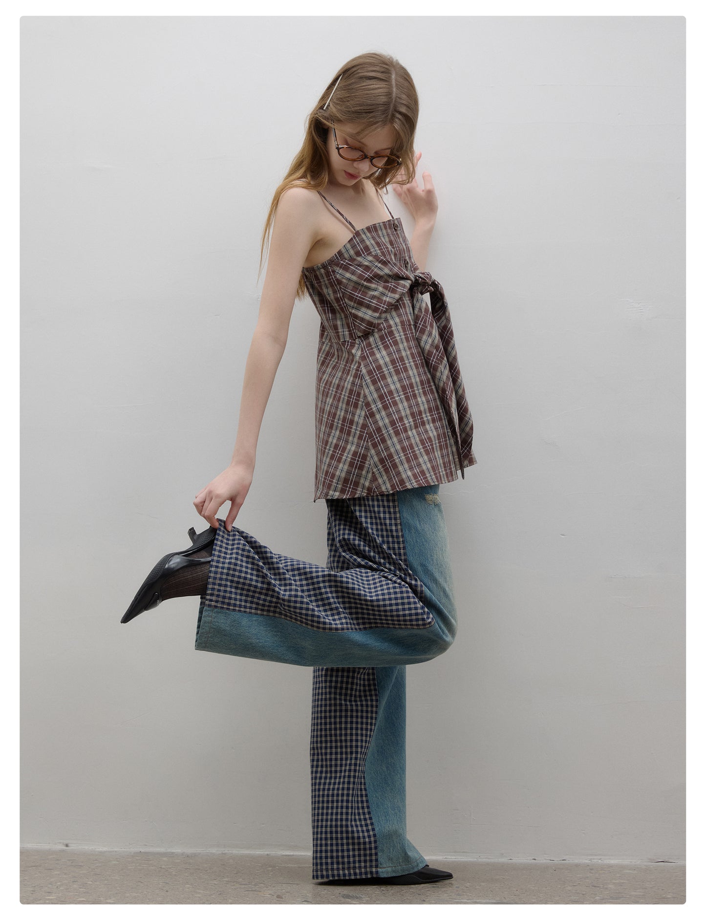Plaid Shirt Camisole Top With Tie Accent