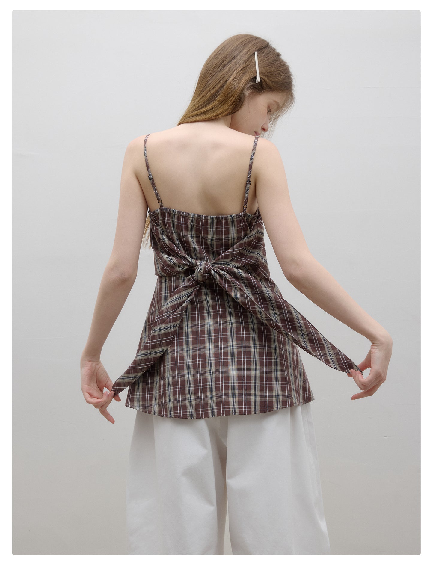 Plaid Shirt Camisole Top With Tie Accent