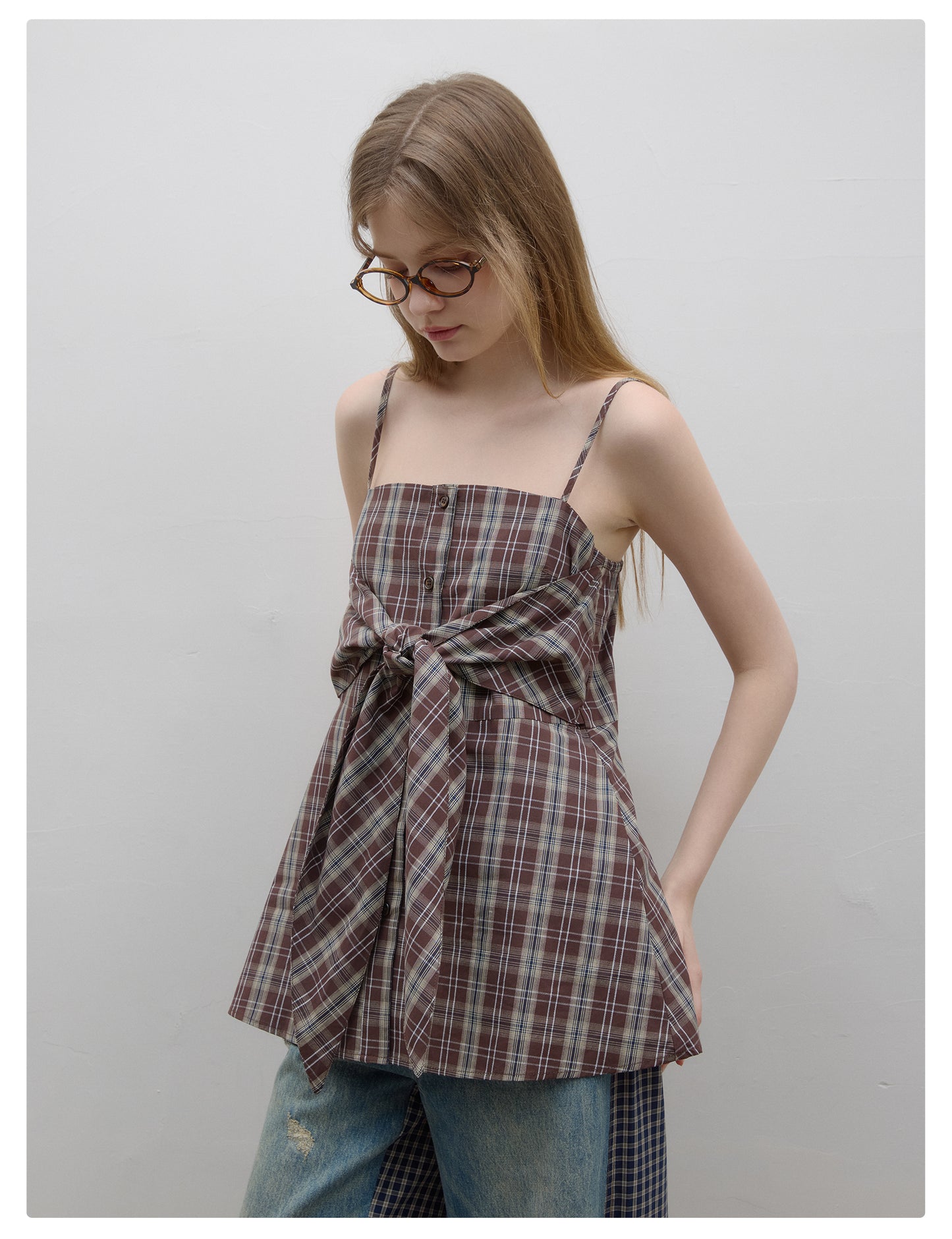 Plaid Shirt Camisole Top With Tie Accent