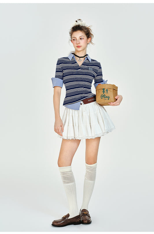 Striped Faux Layered Open Collar Shirt