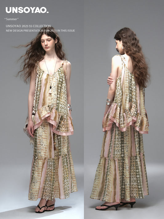 Multi-Pattern Ruffled Cami Top & Tiered Skirt