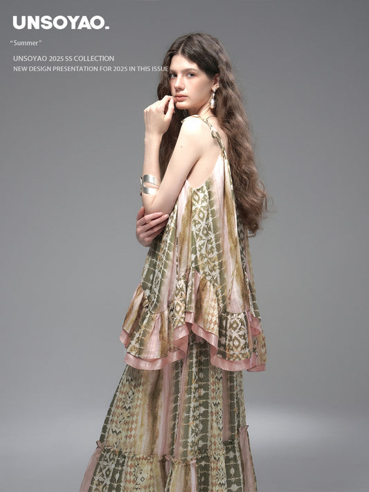 Multi-Pattern Ruffled Cami Top & Tiered Skirt