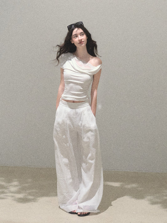 Pearlescent Wrinkled Organza Wide-Leg Trousers