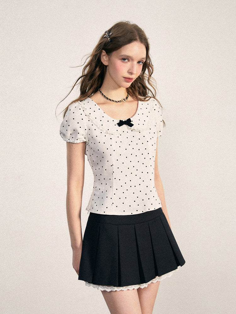 Peter Pan Collar Puff Sleeve Top In Polka Dot