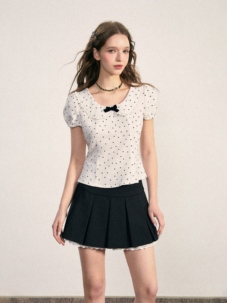Peter Pan Collar Puff Sleeve Top In Polka Dot