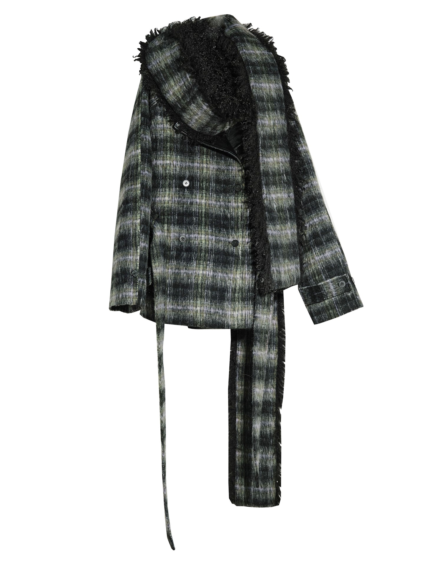 Plaid Belted Coat With Matching Long Fur Scarf