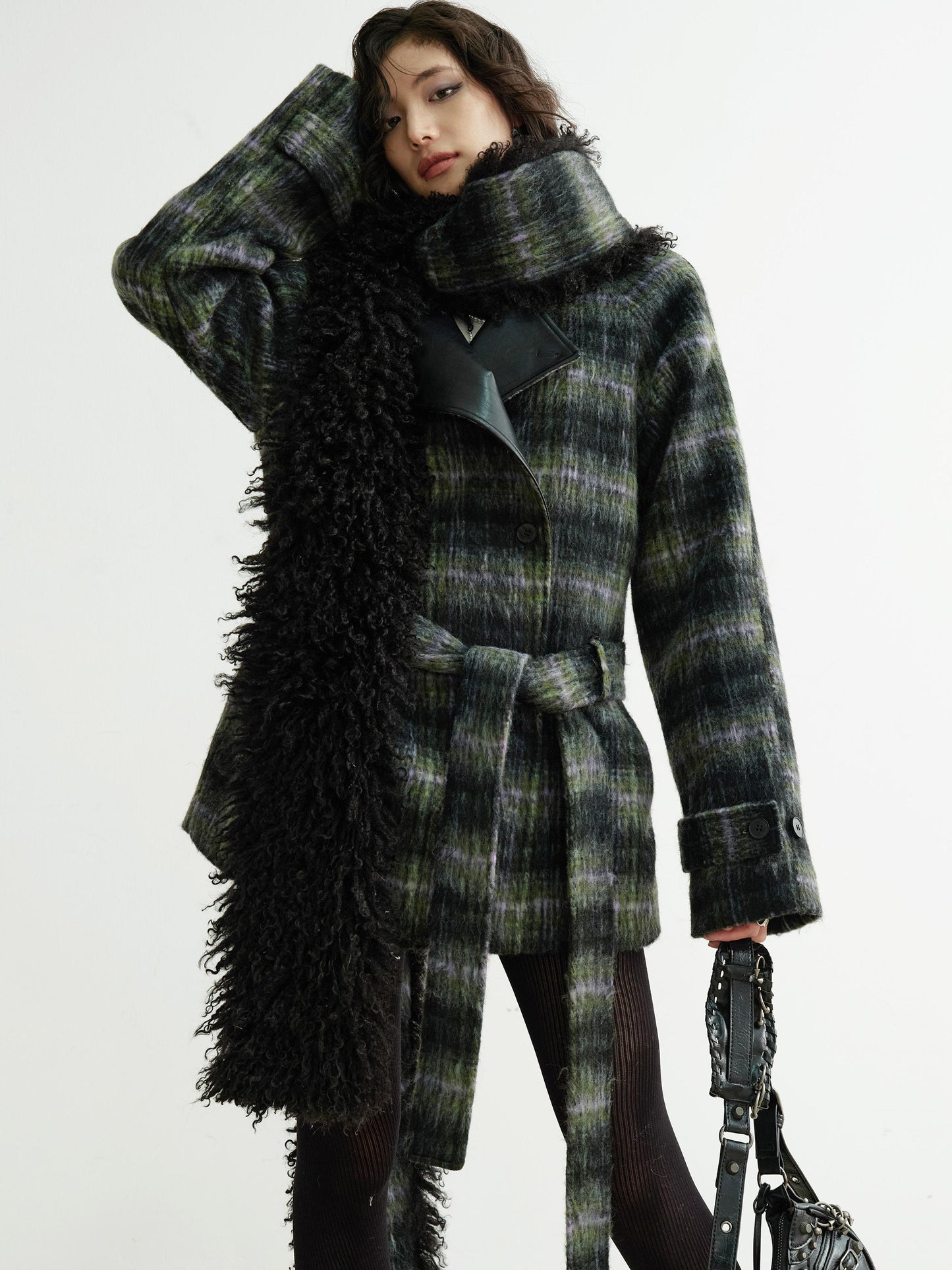 Plaid Belted Coat With Matching Long Fur Scarf