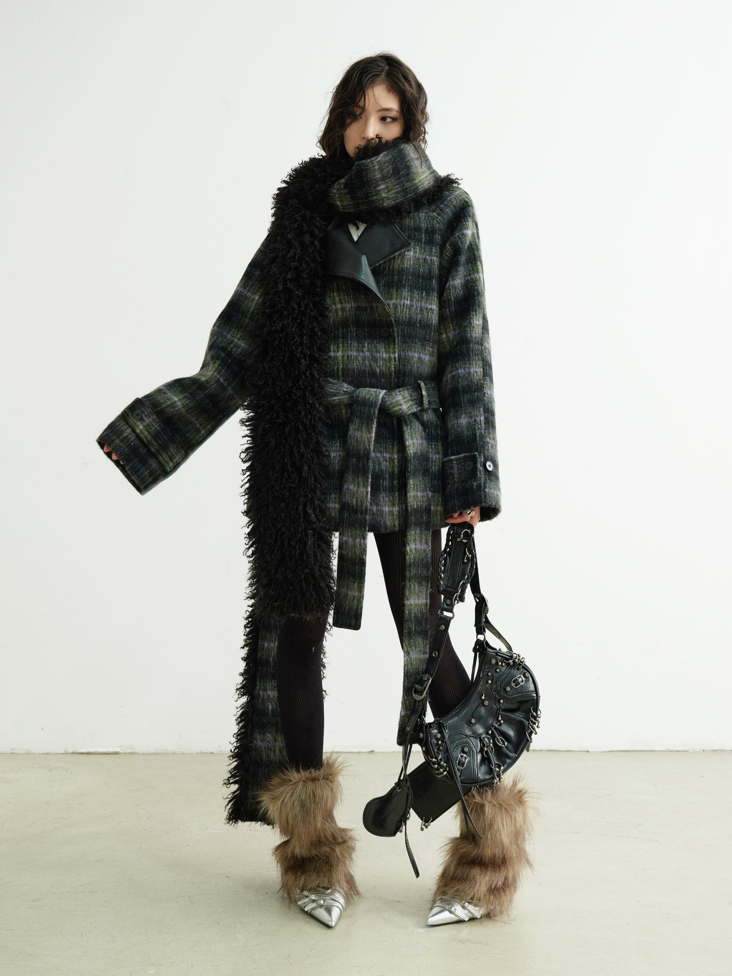 Plaid Belted Coat With Matching Long Fur Scarf
