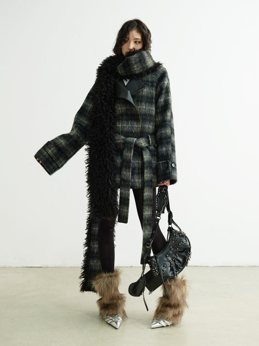 Plaid Belted Coat With Matching Long Fur Scarf