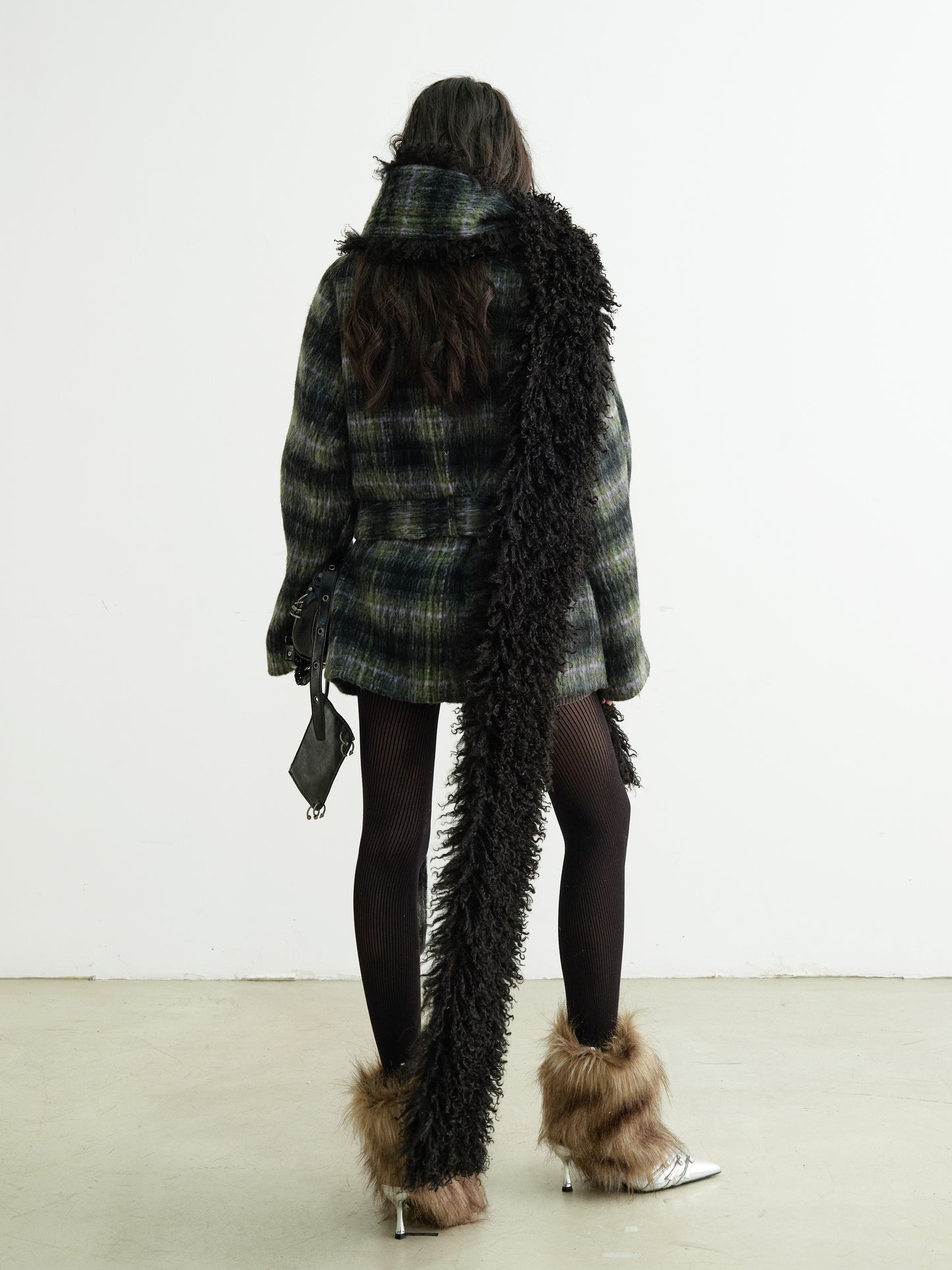 Plaid Belted Coat With Matching Long Fur Scarf