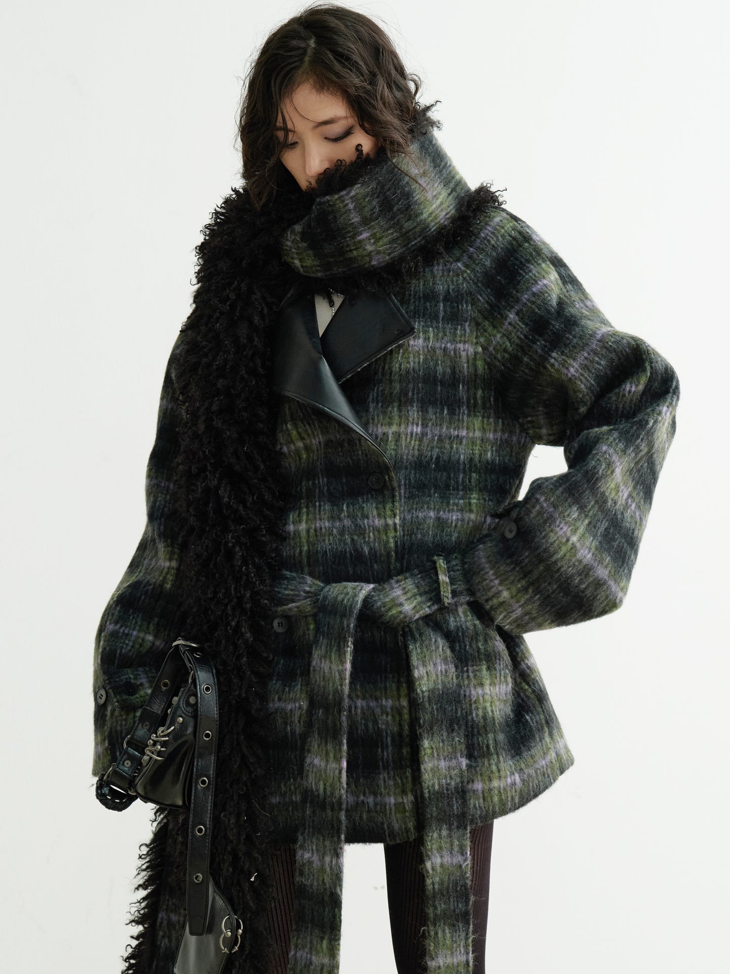 Plaid Belted Coat With Matching Long Fur Scarf