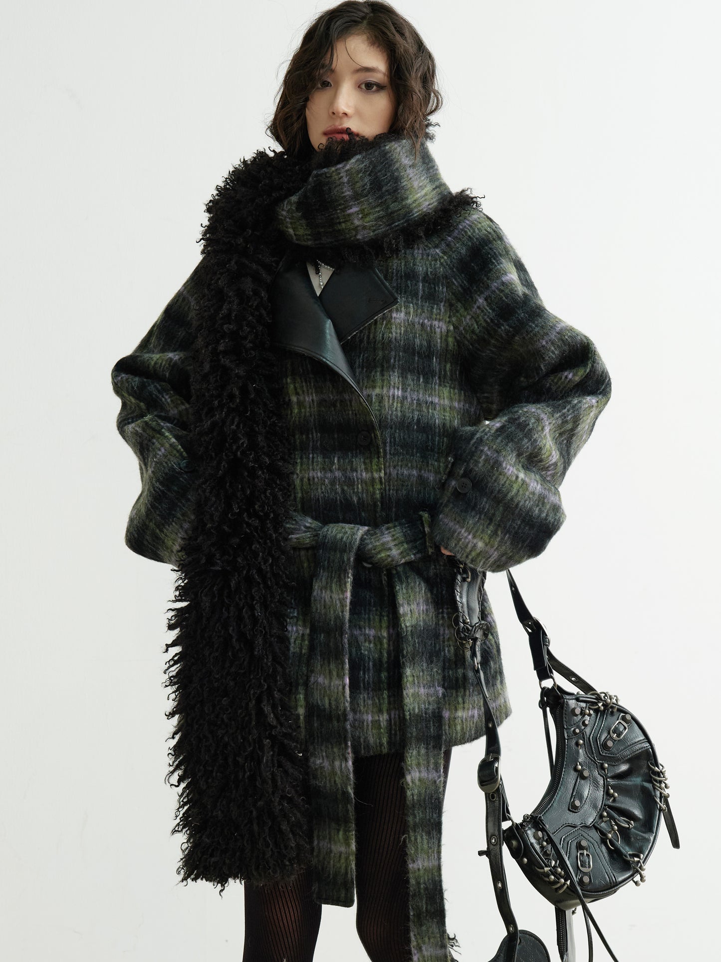 Plaid Belted Coat With Matching Long Fur Scarf