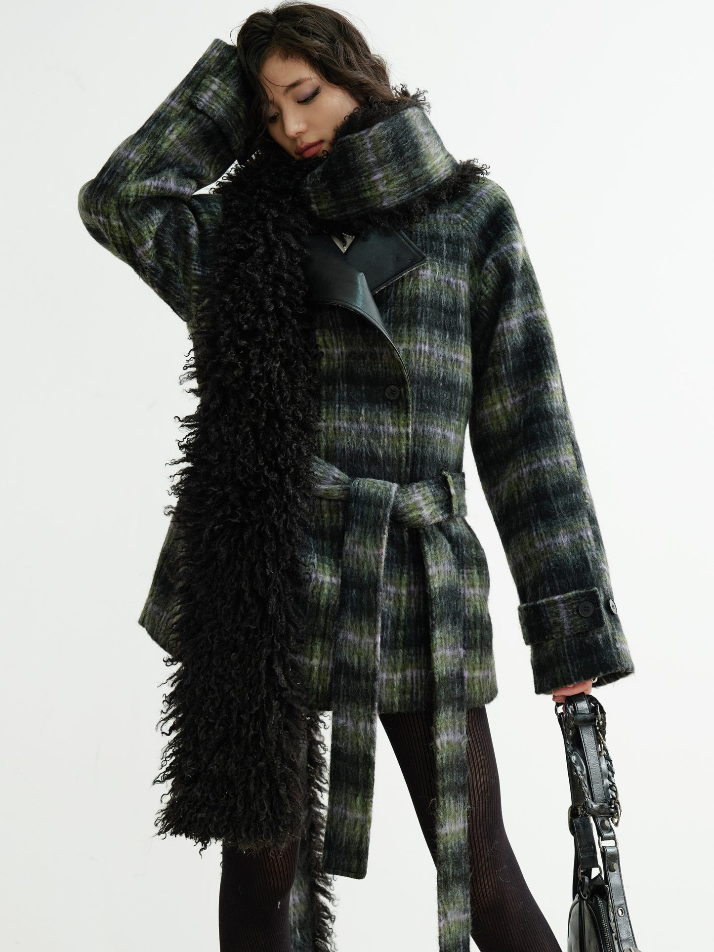 Plaid Belted Coat With Matching Long Fur Scarf