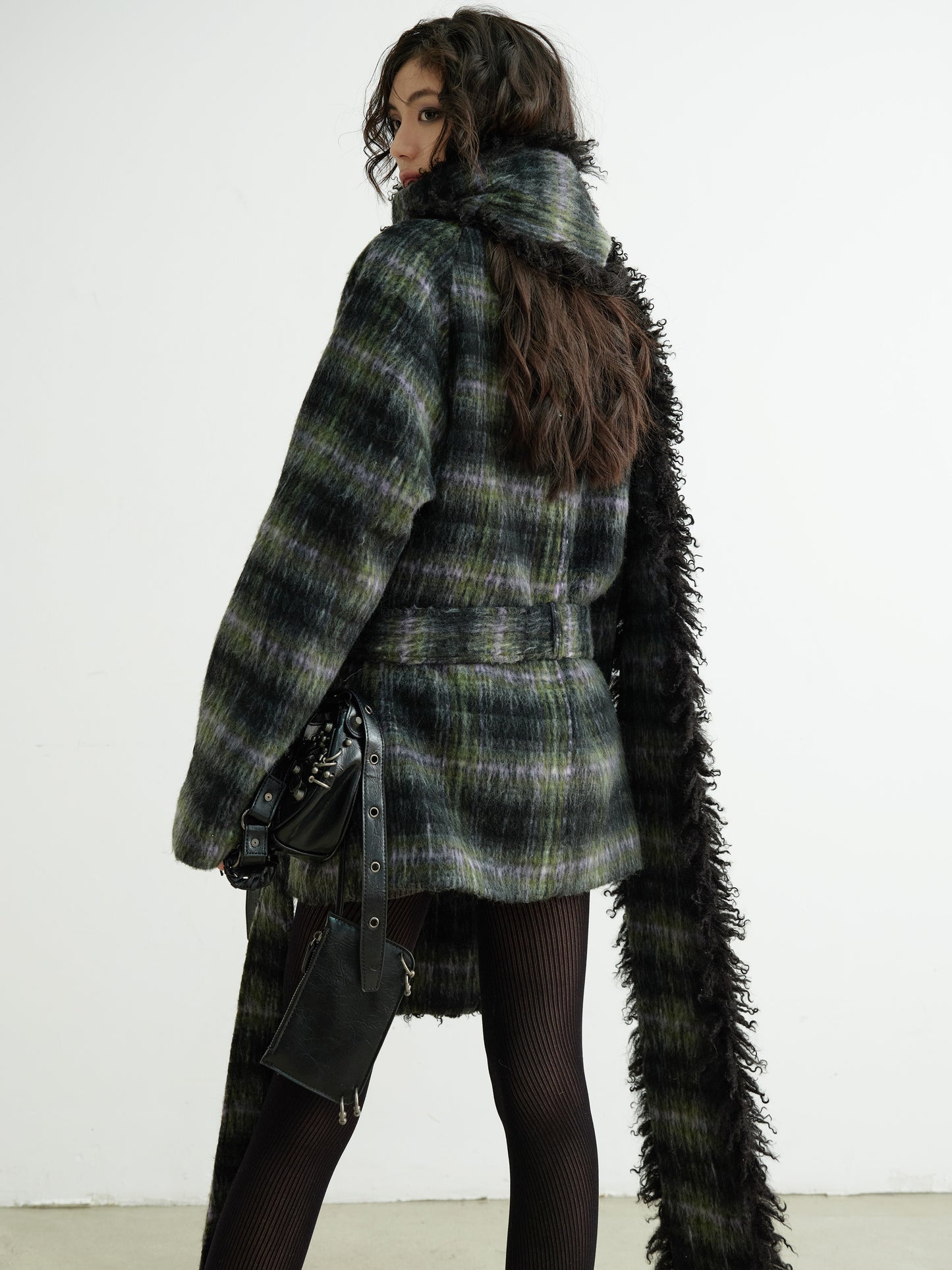 Plaid Belted Coat With Matching Long Fur Scarf