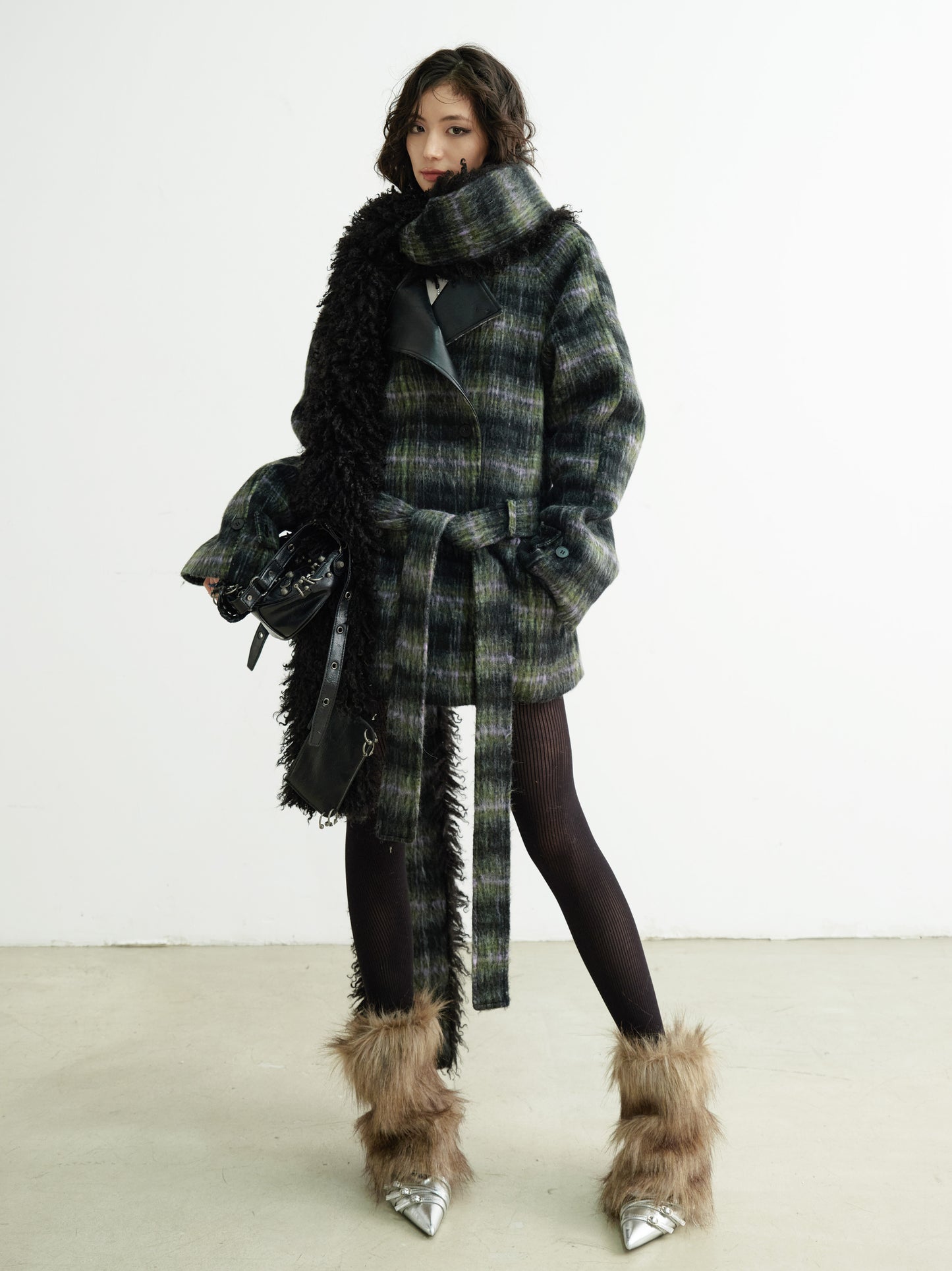 Plaid Belted Coat With Matching Long Fur Scarf