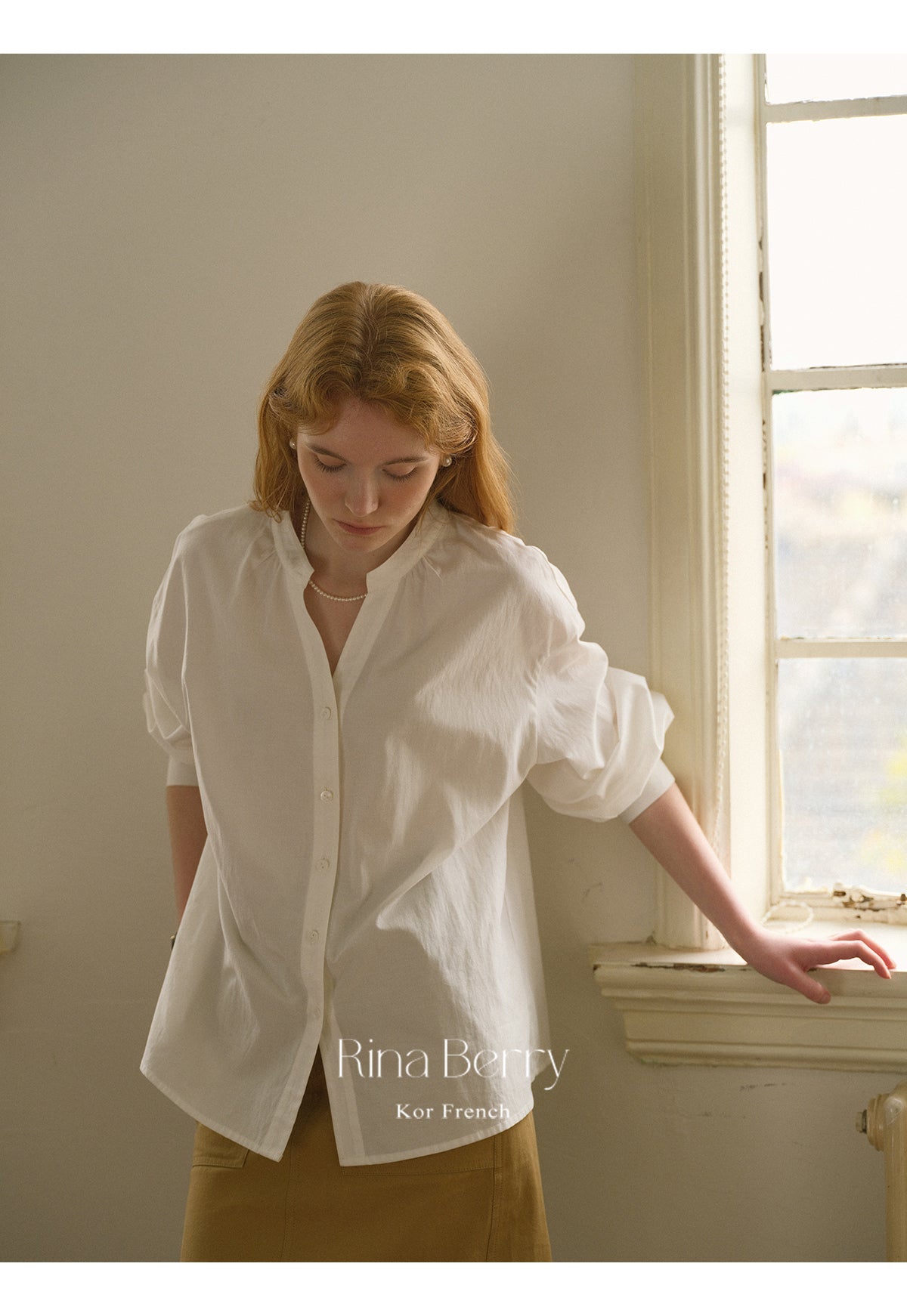 Collarless Lantern Sleeve Blouse