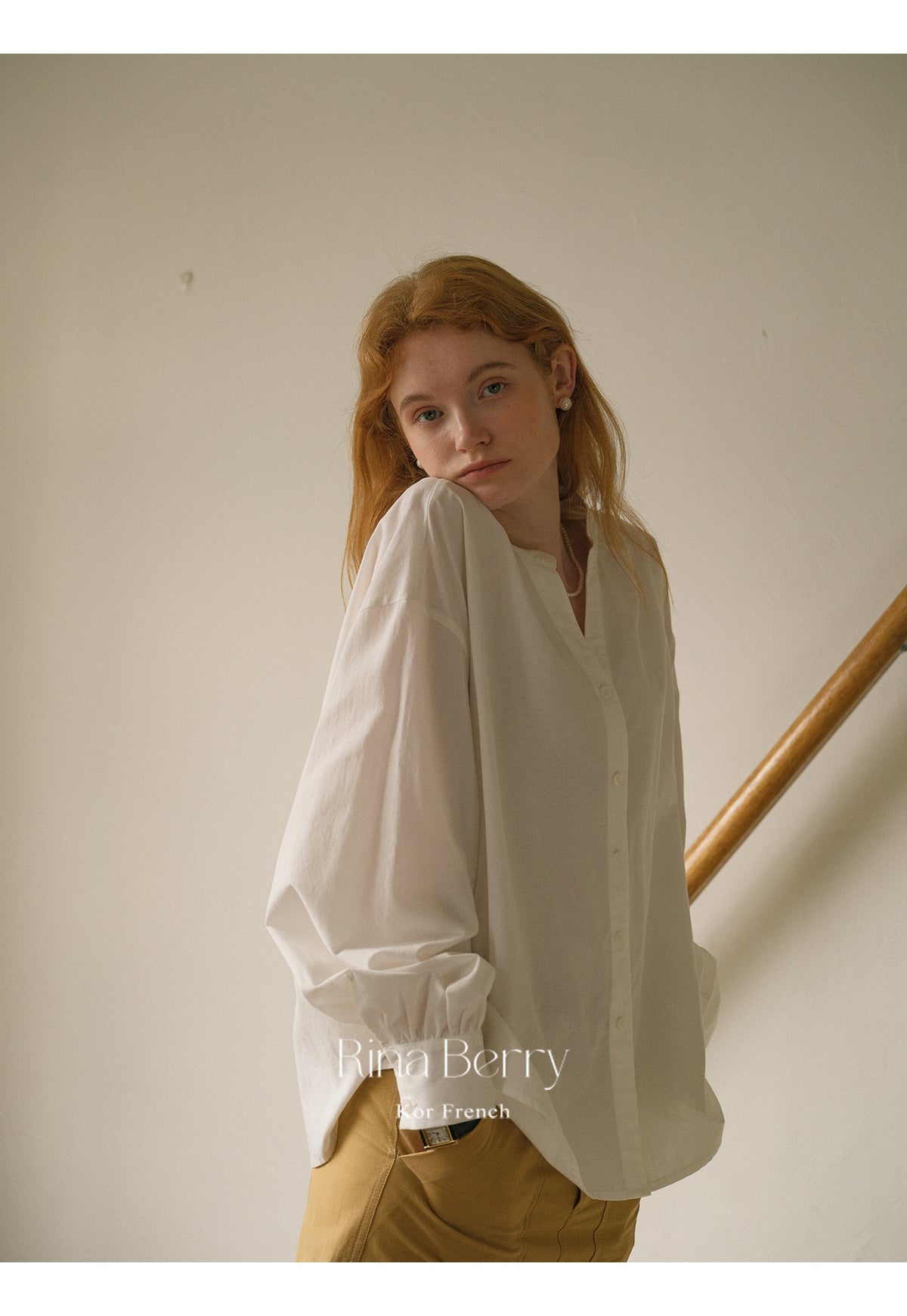 Collarless Lantern Sleeve Blouse