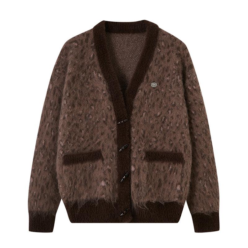 Oversized Leopard Patterned V-Neck Toggle Cardigan