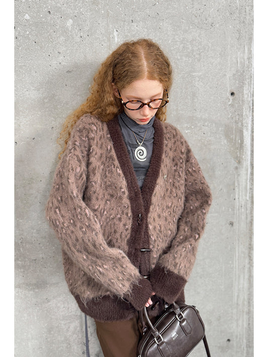 Oversized Leopard Patterned V-Neck Toggle Cardigan