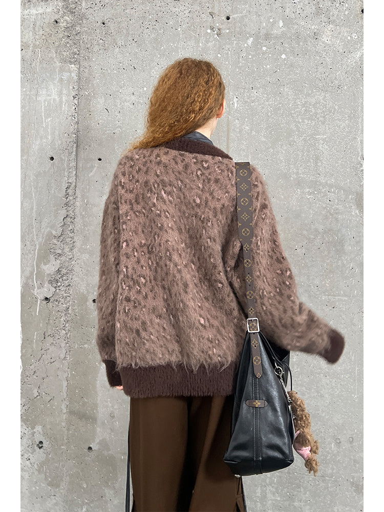Oversized Leopard Patterned V-Neck Toggle Cardigan
