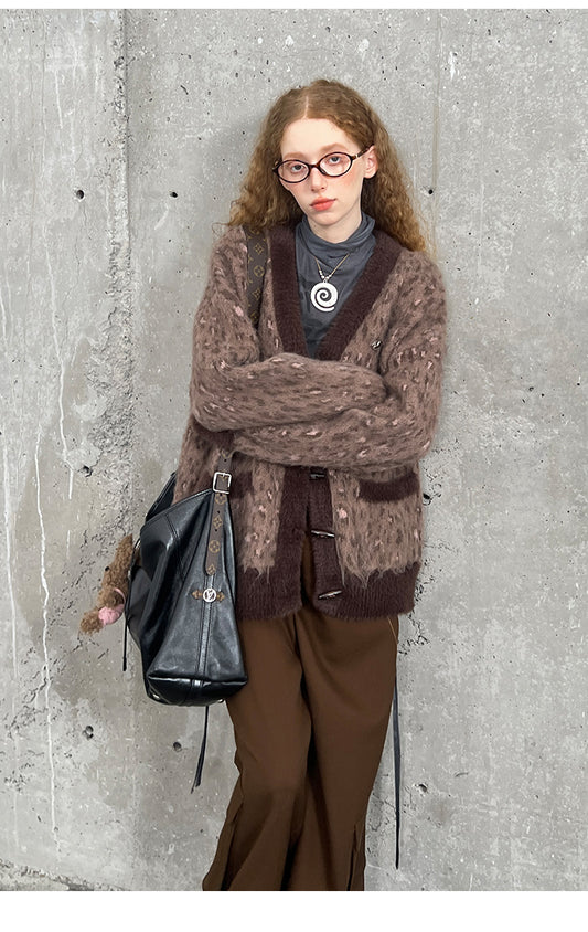 Oversized Leopard Patterned V-Neck Toggle Cardigan