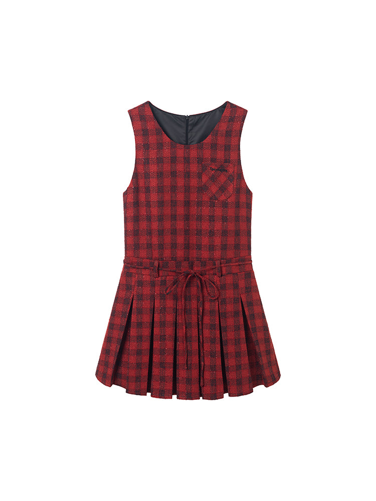 Shimmering Checkered Sleeveless Pleated Dress