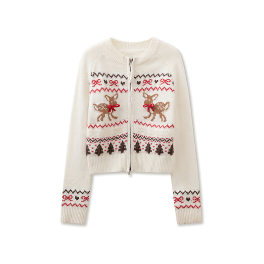 Fawn-Pattern Wool Blend Fair Isle Zip Cardigan
