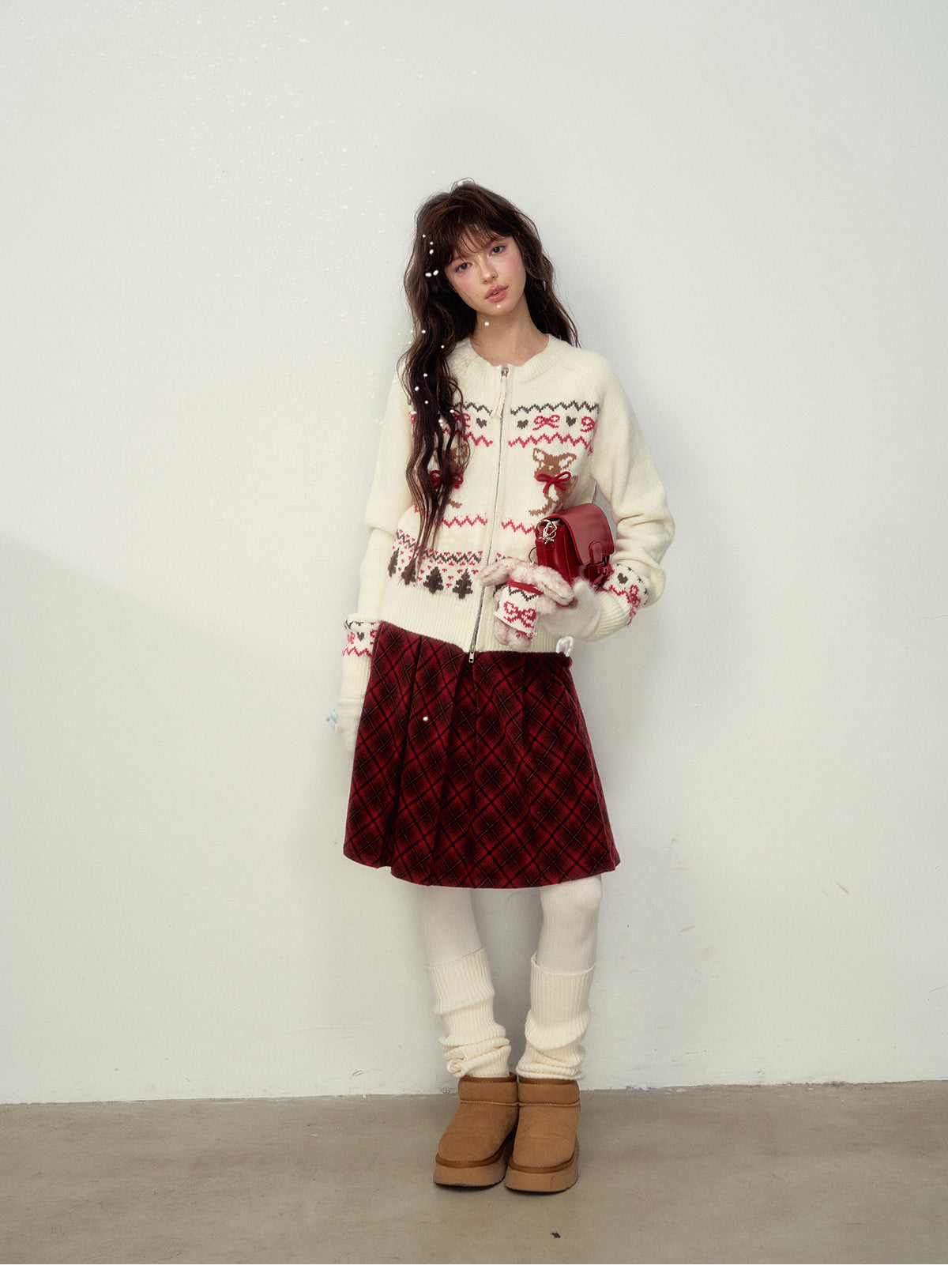 Fawn-Pattern Wool Blend Fair Isle Zip Cardigan