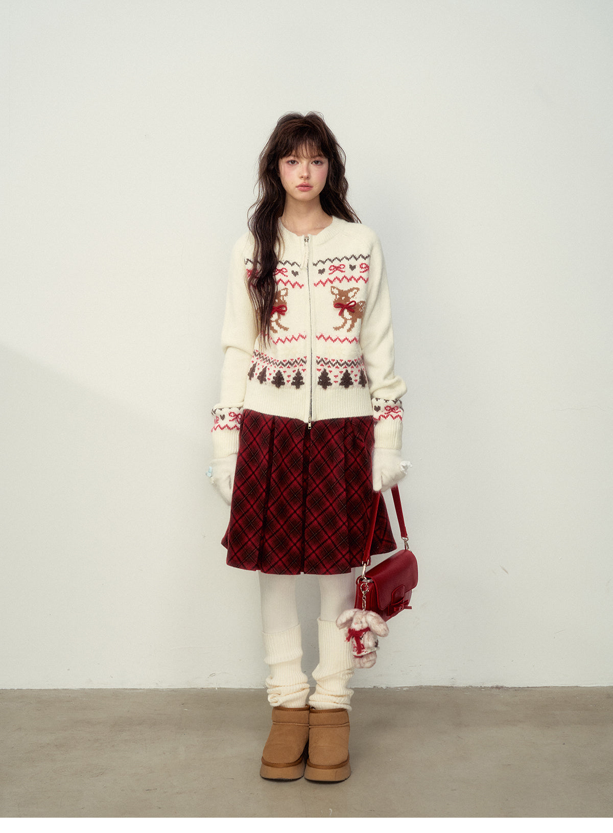 Fawn-Pattern Wool Blend Fair Isle Zip Cardigan