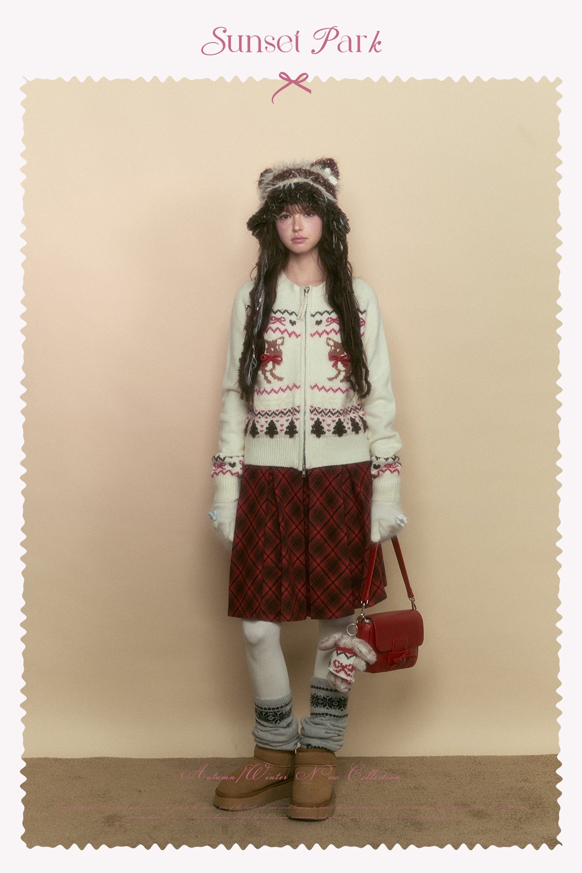 Fawn-Pattern Wool Blend Fair Isle Zip Cardigan