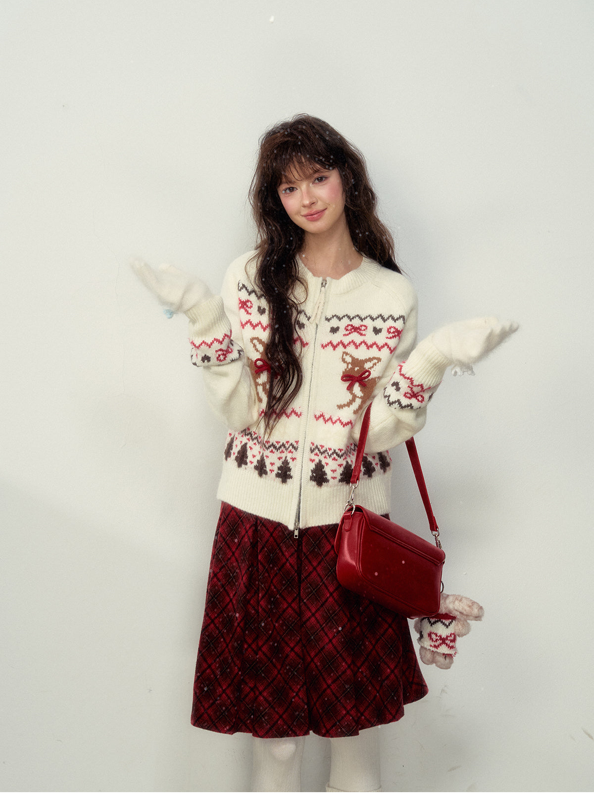 Fawn-Pattern Wool Blend Fair Isle Zip Cardigan