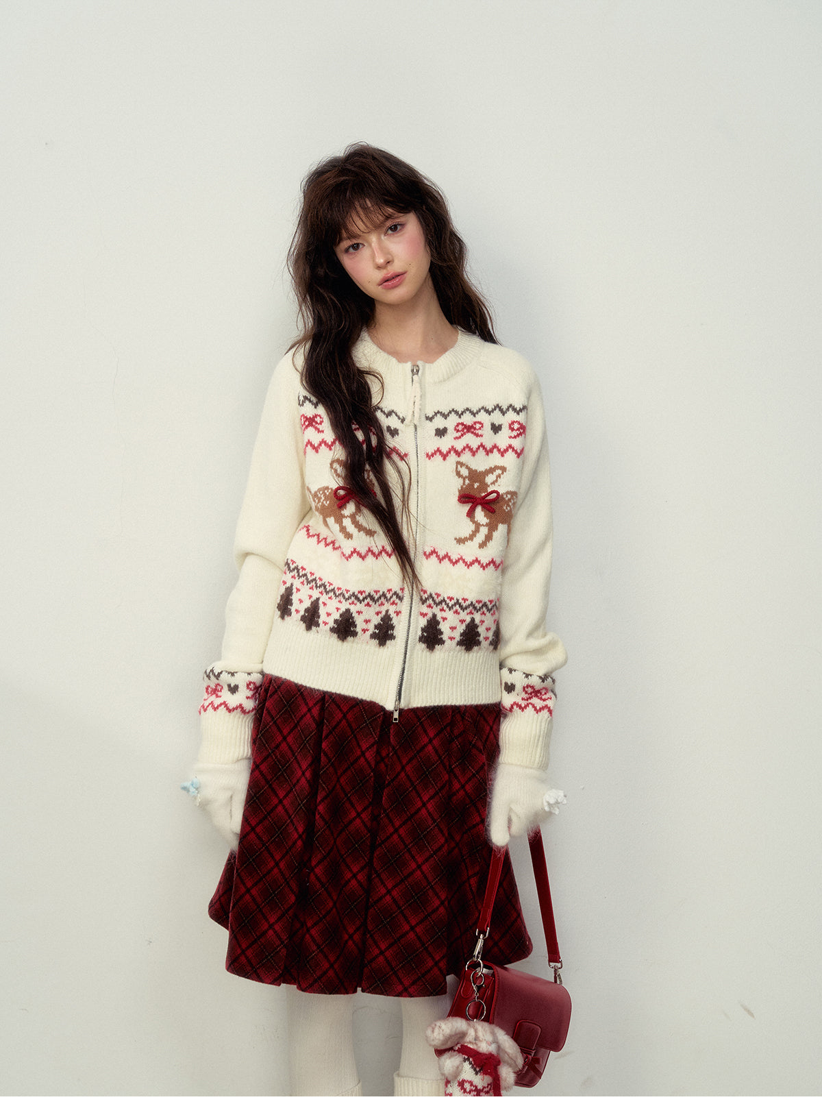 Fawn-Pattern Wool Blend Fair Isle Zip Cardigan