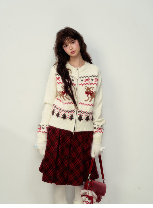 Fawn-Pattern Wool Blend Fair Isle Zip Cardigan