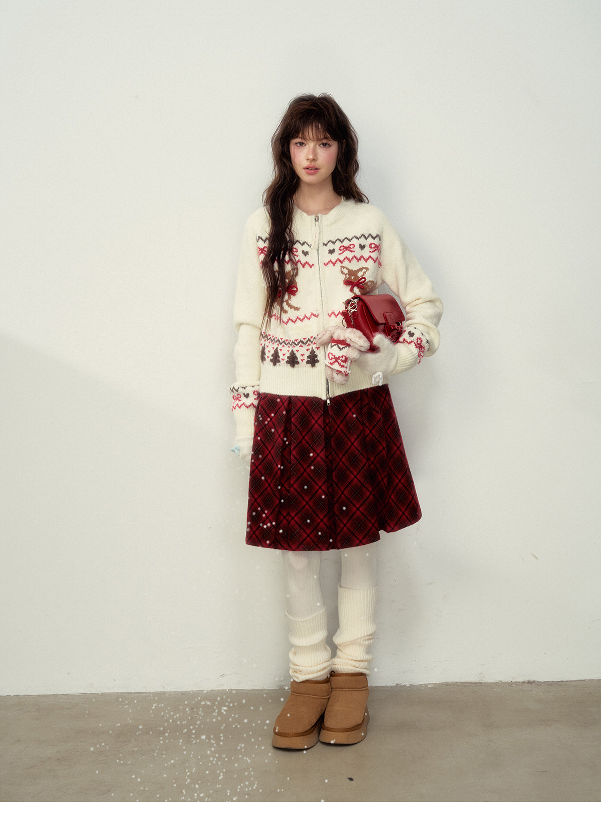 Fawn-Pattern Wool Blend Fair Isle Zip Cardigan