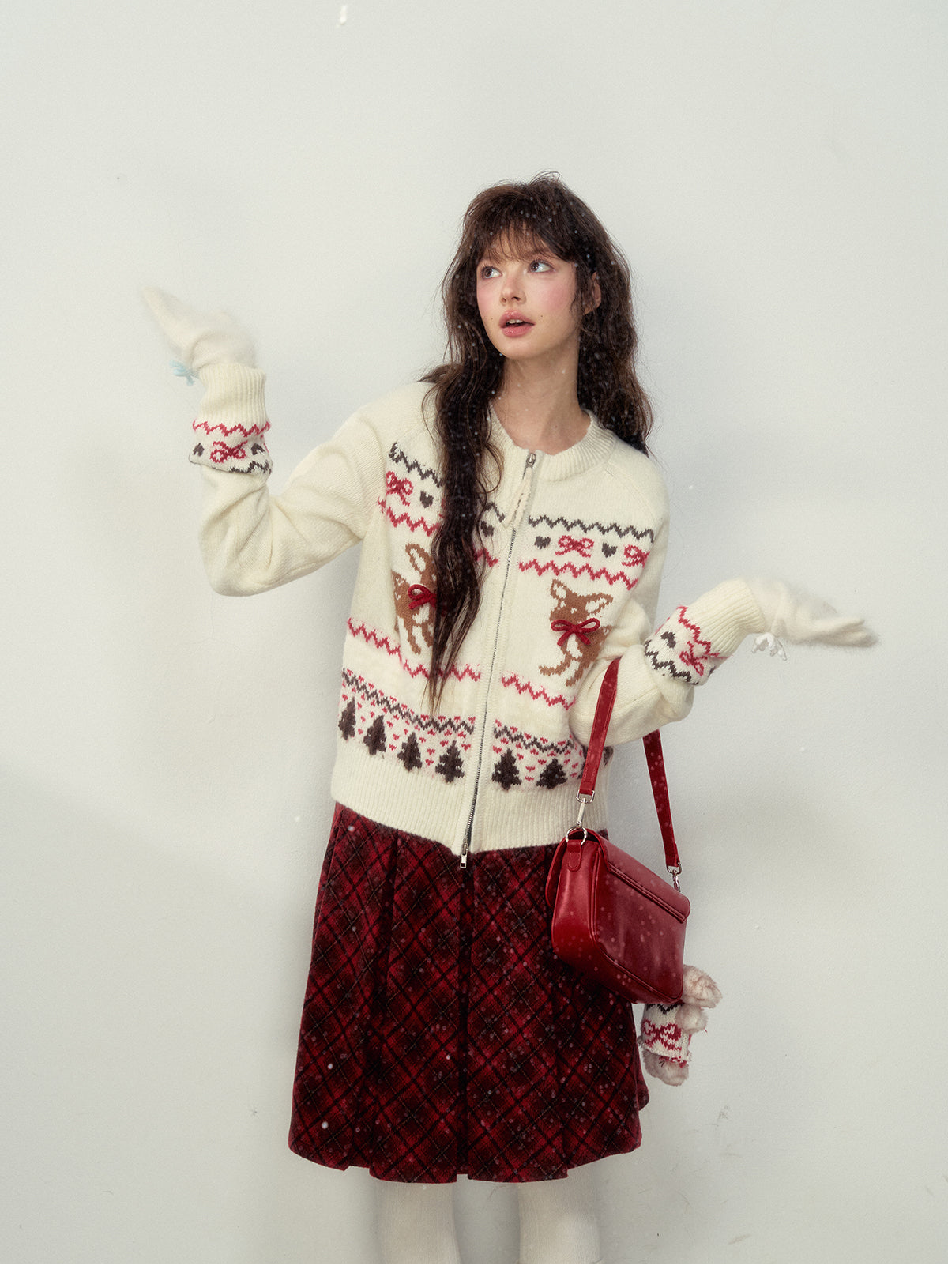 Fawn-Pattern Wool Blend Fair Isle Zip Cardigan