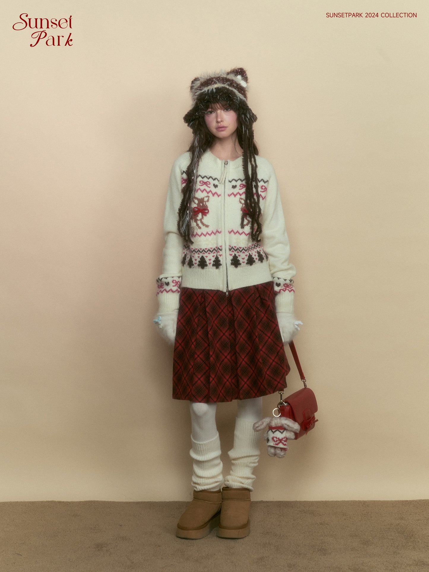 Fawn-Pattern Wool Blend Fair Isle Zip Cardigan