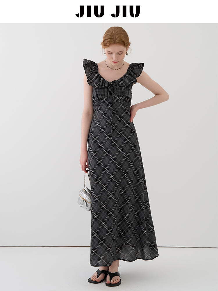 Flutter Collar Plaid Dress With Back Tie Detail