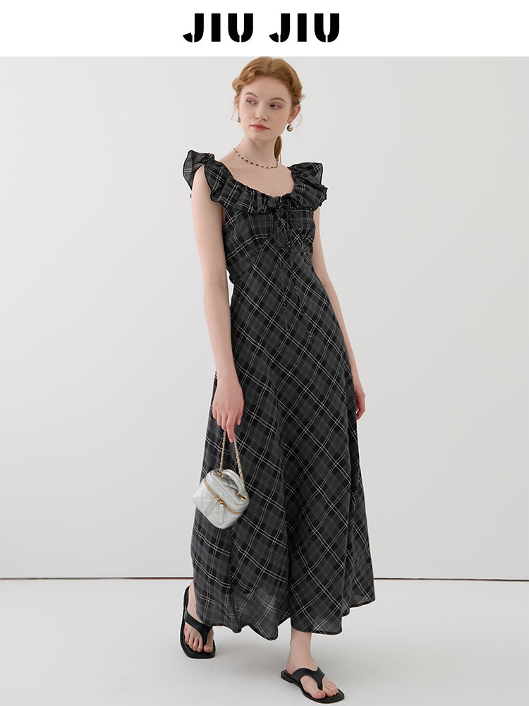 Flutter Collar Plaid Dress With Back Tie Detail