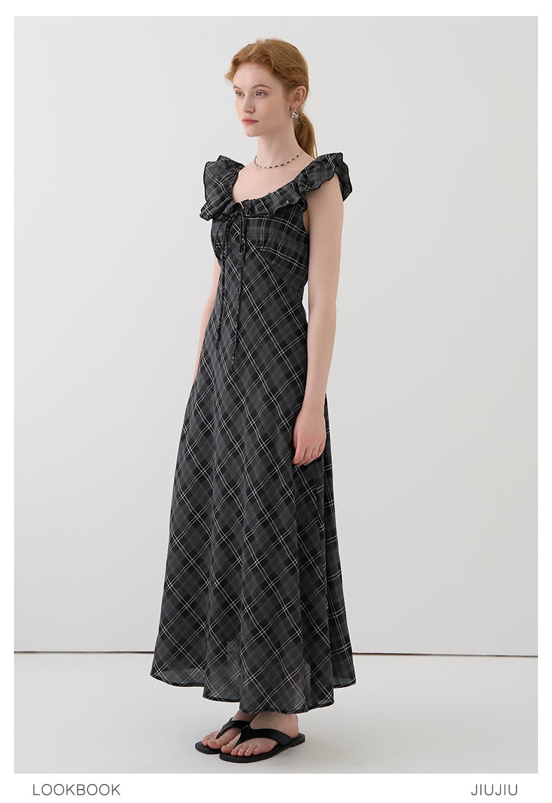 Flutter Collar Plaid Dress With Back Tie Detail