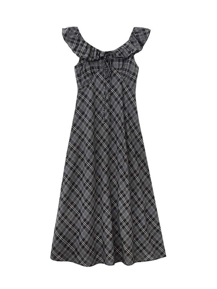 Flutter Collar Plaid Dress With Back Tie Detail