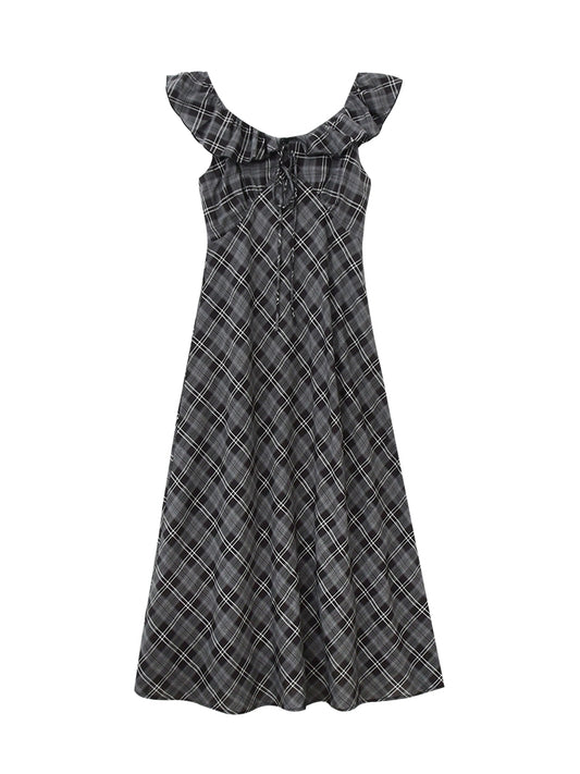 Flutter Collar Plaid Dress With Back Tie Detail