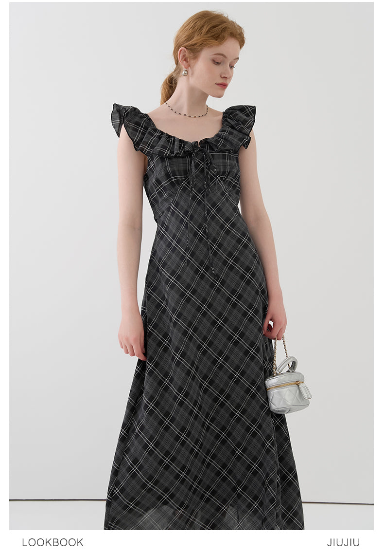 Flutter Collar Plaid Dress With Back Tie Detail
