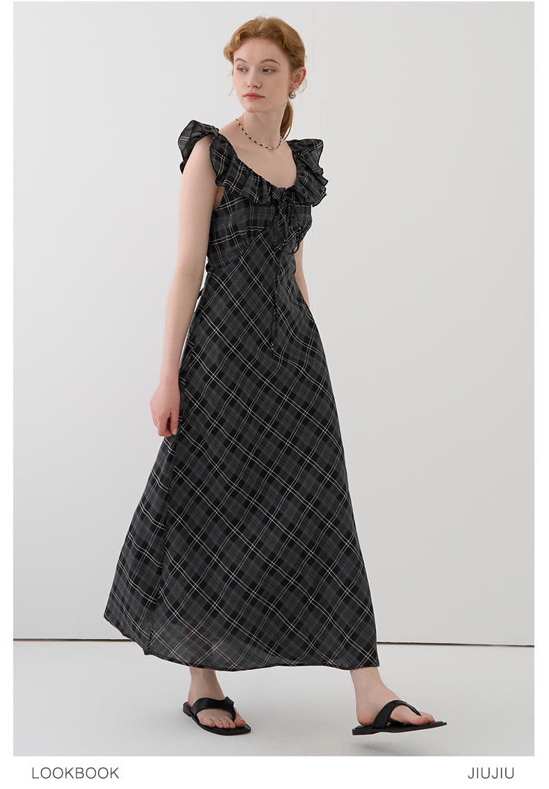 Flutter Collar Plaid Dress With Back Tie Detail
