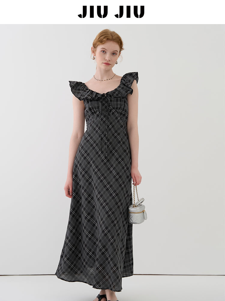 Flutter Collar Plaid Dress With Back Tie Detail